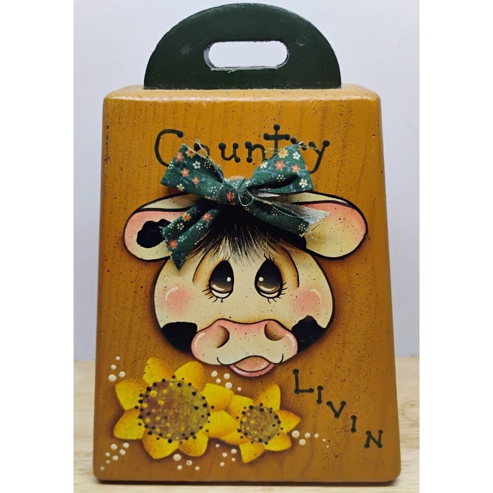 Vintage Wooden Cow Bell Hand Painted Sunflowers Granny Core Country Living